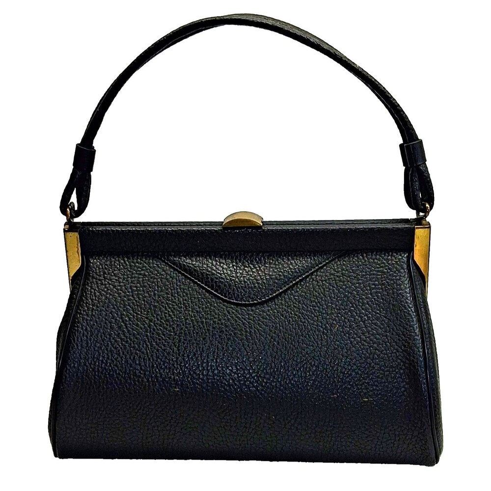 Vintage 80s Black Pebbled Kiss Lock Minimalist Bag Classic Carry All